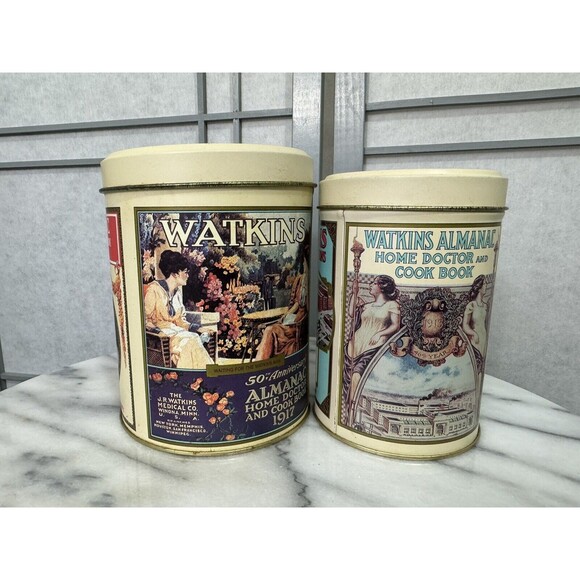 Vintage Set of 2 Watkins 125th Anniversary Heritage Nesting Tin Canisters - Picture 1 of 8